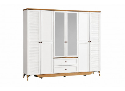 Moderner Kleiderschrank in Weiß mit Glasfronten und Holzverzierungen