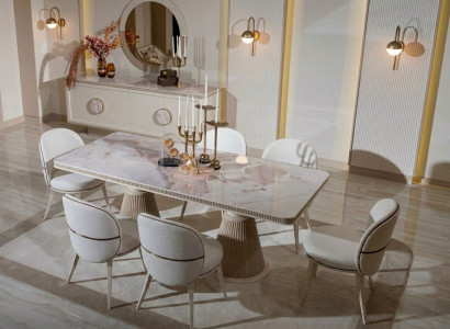 Beiges Esszimmer-Set großer Esstisch Stühle Sideboard Spiegel Esszimmermöbel