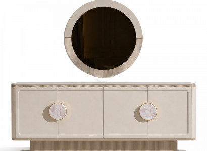 Beigefarbene Sideboard mit Spiegel Kommode Holz-Anrichte Esszimmermöbel