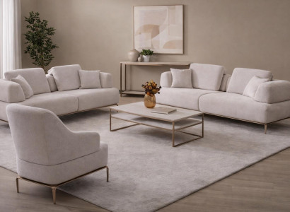 Beige Sofaset mit 2 Sofas und 1 Sessel, Elegante Goldene Metallbeine