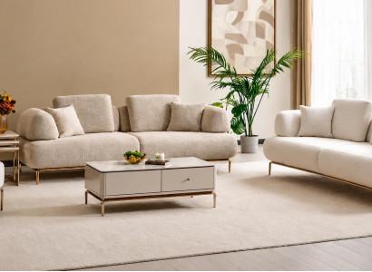 Beige Sofaset mit 2 Sofas und 1 Sessel, Elegante Goldene Metallbeine