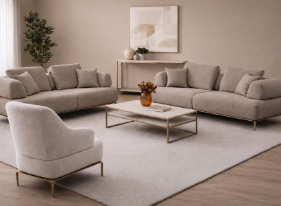 Beige Sofaset mit 2 Sofas und 1 Sessel, Elegante Goldene Metallbeine