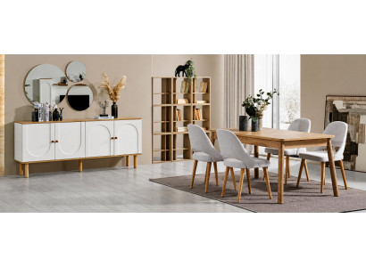Modernes Skandi Esszimmer-Set Tisch 4 Stühle Sideboard Spiegel