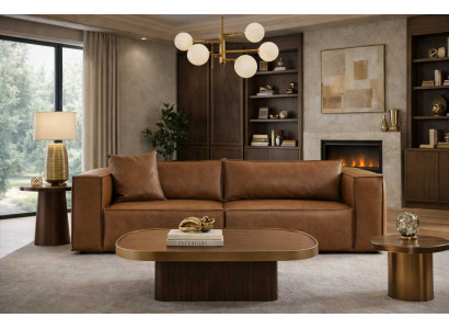 Designer Braunes Ledersofa Wohnzimmer Ledercouch Edles Holzgestell