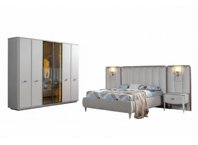 Elegantes Schlafzimmer Set Edles Bett LED Kleiderschrank Nachttische