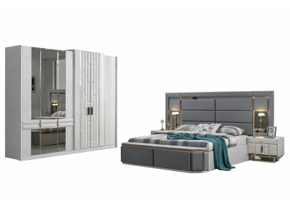 Grau-Weiße Schlafzimmer Garnitur Polsterbett 2x Nachttische Schrank