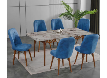 Esszimmer Essgruppen Esstisch Stühle Weiß Blau Rechteckig Holz Mramor
