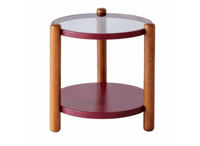 Beistelltisch Moderner Stil Braun Rot Glasplatte Zwei Ebenen Holzbeine