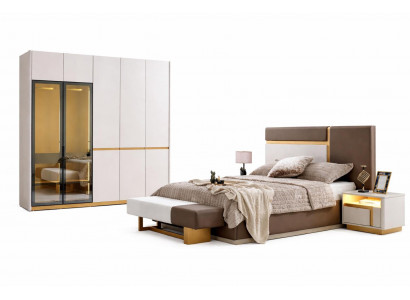 Schlafzimmer Set Moderner Stil Beige Stoffbezug Großer Kleiderschrank
