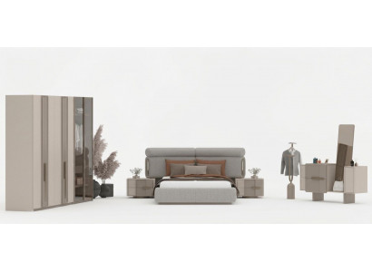 Schlafzimmer Set Moderner Stil Beige Stoffbezug Großer Kleiderschrank