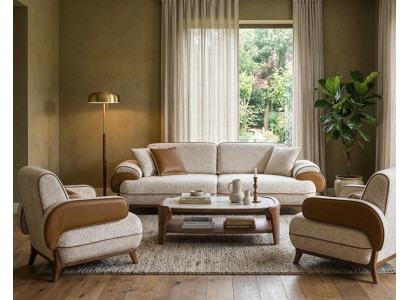 Dreisitzer Sofa Stoffbezug Holzgestell Einzelsessel Mittlere Härte