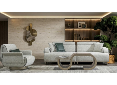 Dreisitzer Sofa Stoffbezug Holzgestell Einzelsessel Mittlere Härte