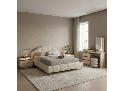 Schlafzimmer Set Bett 2xNachttisch Schminktisch Spiegel Pouf Beige