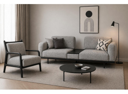 Modernes Sofa 3-Sitzer Sessel Polstergarnitur Grau Stoff 2 tlg
