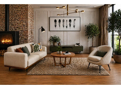 Weißes 3-Sitzer Sofa Set mit Sessel Gemütlich Modern Stoff 2 tlg
