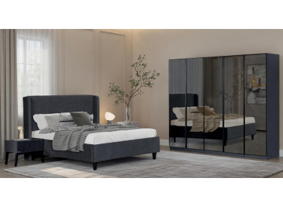 Schlafzimmer-Set Bett Kleiderschrank 2x Nachttisch Modern Schwarz