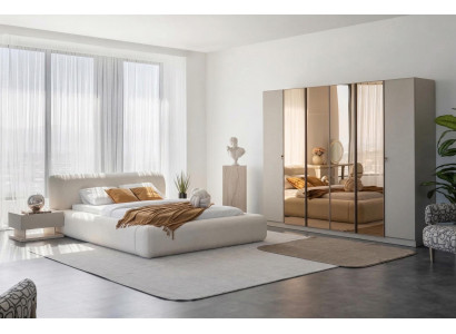 Schlafzimmer Set Bett 2xNachttisch Kleiderschrank Beigе Moderner Stil