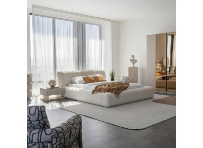 Schlafzimmer Set Bett 2xNachttisch Beigе Moderner Stil Komfortabel