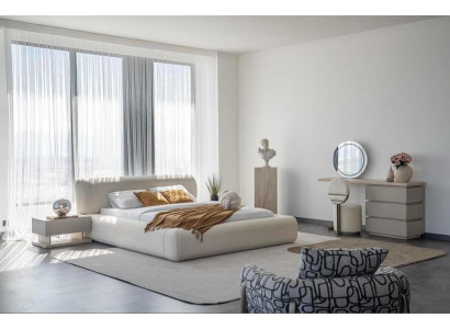 Schlafzimmer Set Bett 2xNachttisch Schminktisch Spiegel Pouf Beige