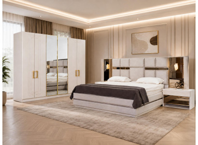 Modernes Weiß-Beiges Schlafzimmer Set Doppelbett 2x Nachtkonsolen