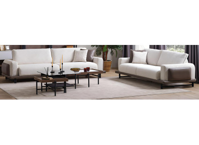 Luxus Set: 2 Polstersofas & 3er Set Couchtische Modernes Design