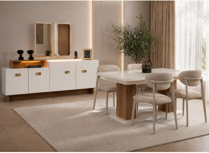 Elegantes Weißes Esszimmer Set Holztisch 4x Polsterstühle Sideboard