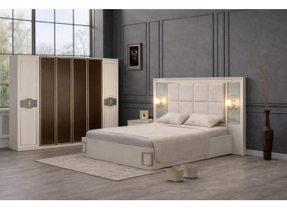 Modernes Schlafzimmer-Set mit Bett und geräumigem Kleiderschrank.