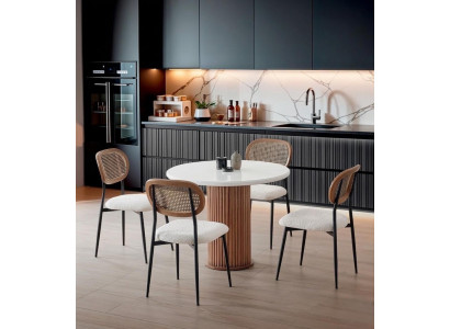 Esszimmer-Set Esstisch 4x Stuhl Rund Weiß Holz Komfortabel Modern