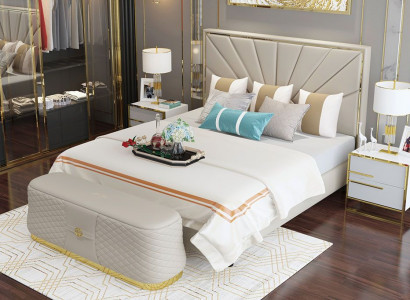 Designer Schlafzimmer Bett Leder 2tlg. Komplett Set Hocker Betten Hotel Luxus