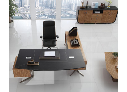 Moderner Holz-Esstisch in Schwarz mit Edelstahl-Details