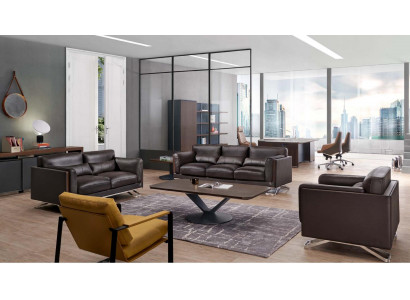 Kunstleder Sofa Set in Schwarz mit Holzfurnier und Stahlrahmen