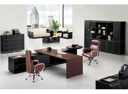 Eleganter Leder-Eckschreibtisch in MDF und Edelstahl in Schwarz