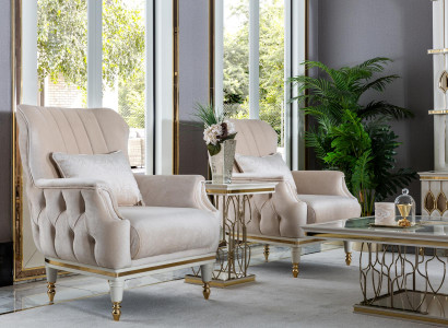 Sessel Beige Elegantes Polster Stoff 1Sitzer Chesterfield Modern Wohnzimmer Neu