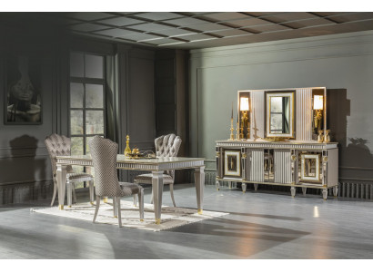 Esszimmer Set Grau 4x Stühle Esstisch Anrichte Spiegel Elegantes Design 7tlg.