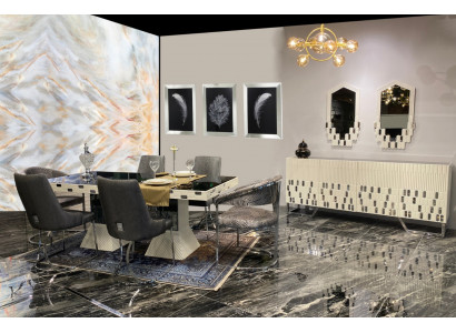 Esszimmer Set Luxus Design Esstische 4x Stühle Kommode mit Spiegel Neu