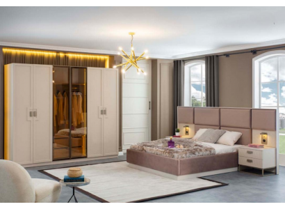 Beige Schlafzimmer-Set Bett 2x Nachttische Luxusmöbel Doppelbett 160x200