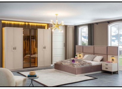 Beige Schlafzimmer Set Bett 2x Nachttische Schrank Luxus Möbel Holz 4tlg