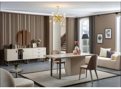 Beige Esstischset 4 x stühle tische küche luxusmöbel anrichte spiegel