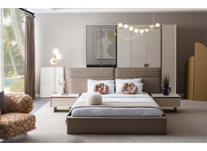 Polsterbett 2x Nachttische Holz Luxuriöses Beige Schlafzimmerset neu