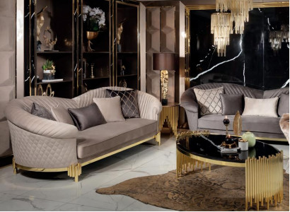 2tlg Sofa 3 Sitzer Couchtisch Luxus Gold Beige Wohnzimmer Modern Polyester  Neu