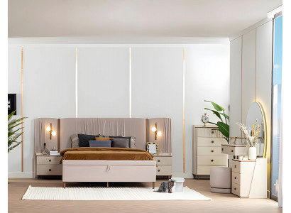 Komplette Schlafzimmer Set Doppelbett Schminktisch Beige 8tlg Holz Modern