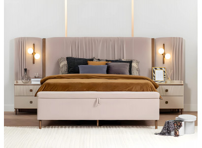 Schlafzimmer Garnitur Bett Nachttische 4tlg Doppelbell Beige Holz Design
