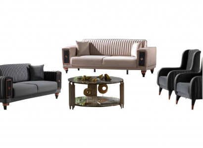 Sofagarnitur Beige-Schwarz Designer 2x Dreisitzer Polstersessel Luxus Möbel