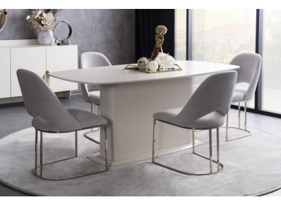 Esszimmer Esstisch Stühle Tisch Polsterstühle Säulenfuß Weiß Edelstahl