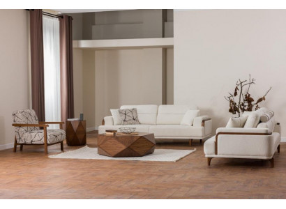 Sofagarnitur 3+3+1 Sitzer Modern Beigefarben Holzdetails Wohnzimmer Design