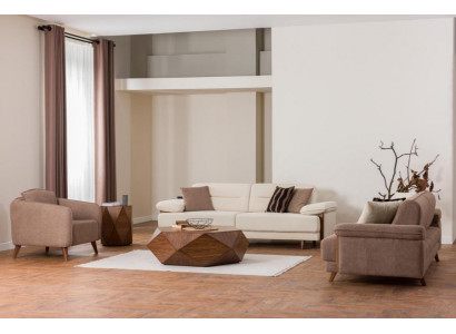Sofagarnitur 3+3+1 Sitzer Beige Braun Stoffbezug Holzfüße Skandi Modern Stil