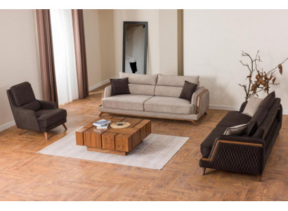 Sofagarnitur 3+3+1 Sitzer Beige Braun Stoff Holzfüße Skandi Modern Wohnzimmer
