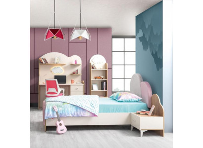Kinderzimmer-Set Rosa aus Holz mit Bett, Nachttisch, Bücherregal