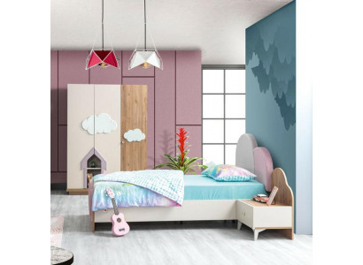 Kinderzimmer-Set Rosa aus Holz mit Nachttisch und Kleiderschrank