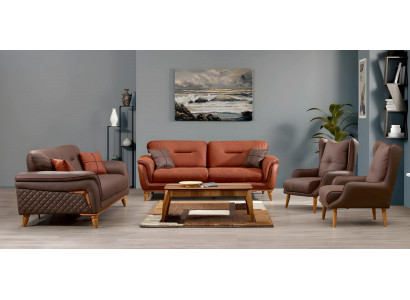 Moderner brauner Stoffsofa 4-teiliges Wohnzimmer Set mit Holzrahmen